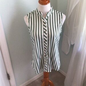 Eden & Olivia - Woman’s Sleeveless Green and White Striped Button-Front Top